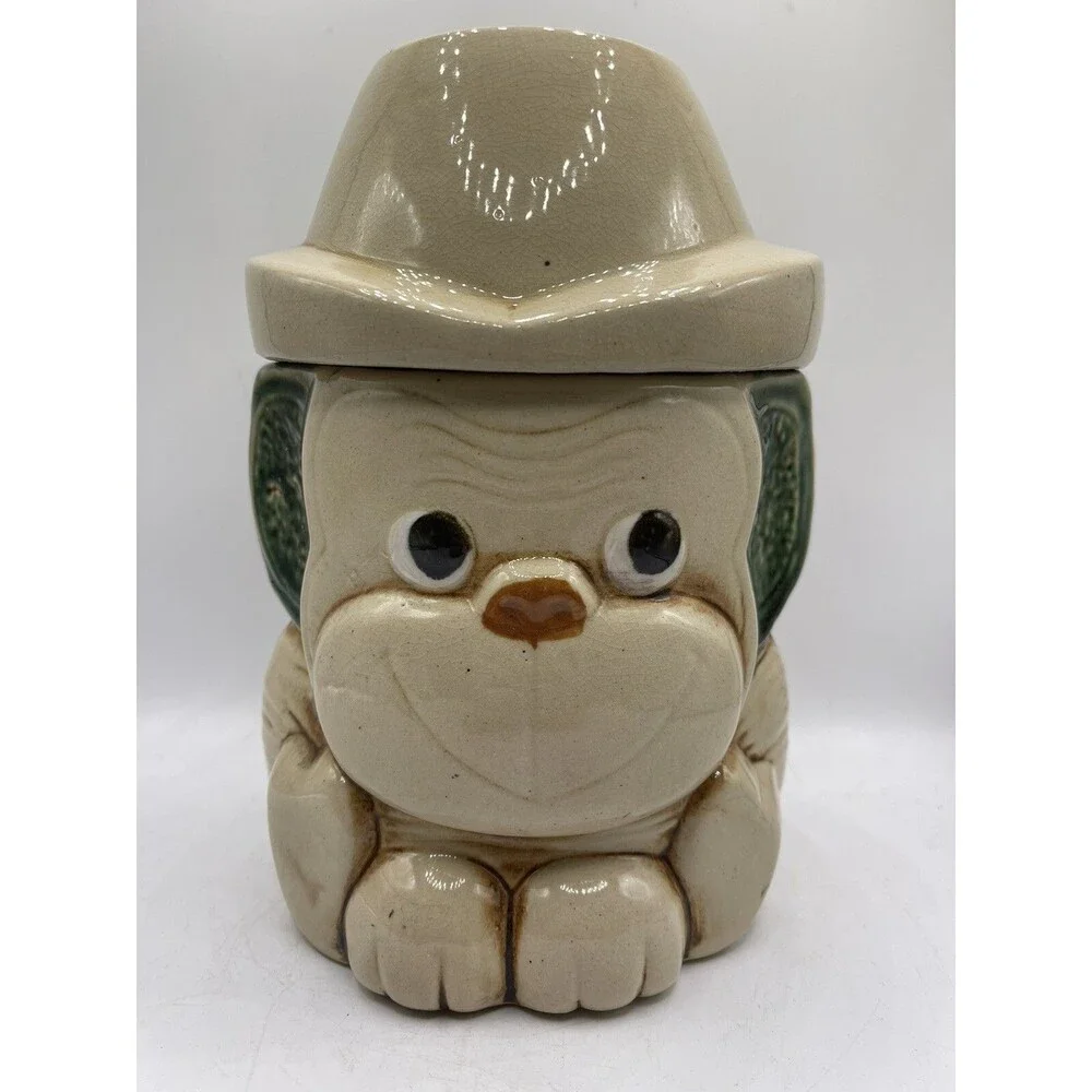 Vintage Ceramic Tan Brown Monkey Green Ears w/ Hat Cookie Jar